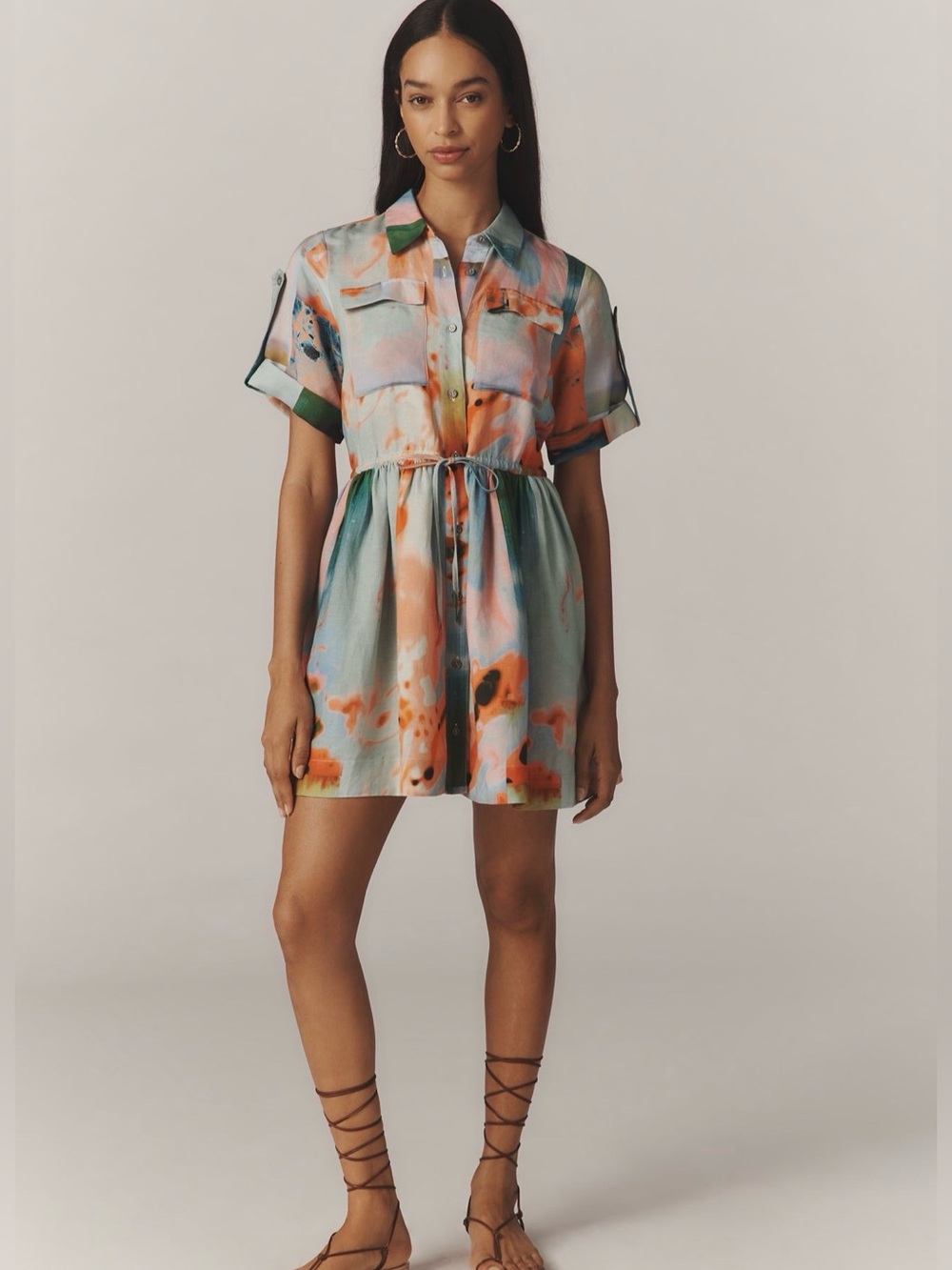 HUNTER BELL Peyton Linen Blended Drawstring Waist Mini Shirt Dress in Lava Lamp